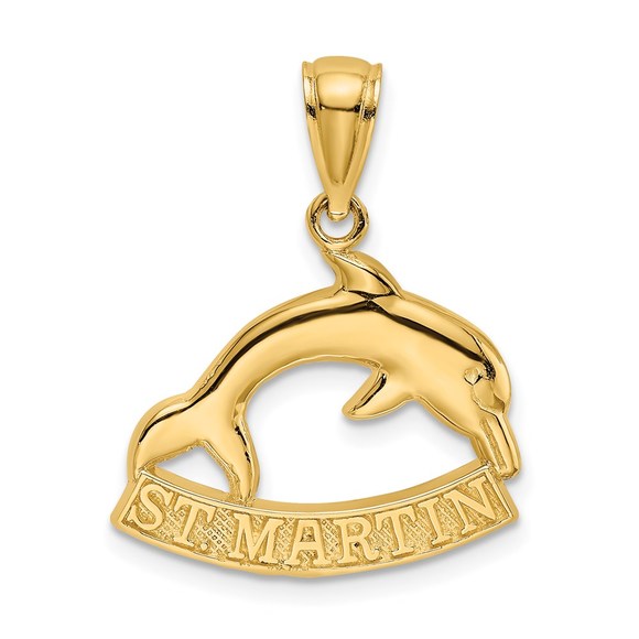 14k Yellow Gold Travel 2-D ST. MARTIN Under Small Dolphin Necklace Charm Pendant - Picture 1 of 4